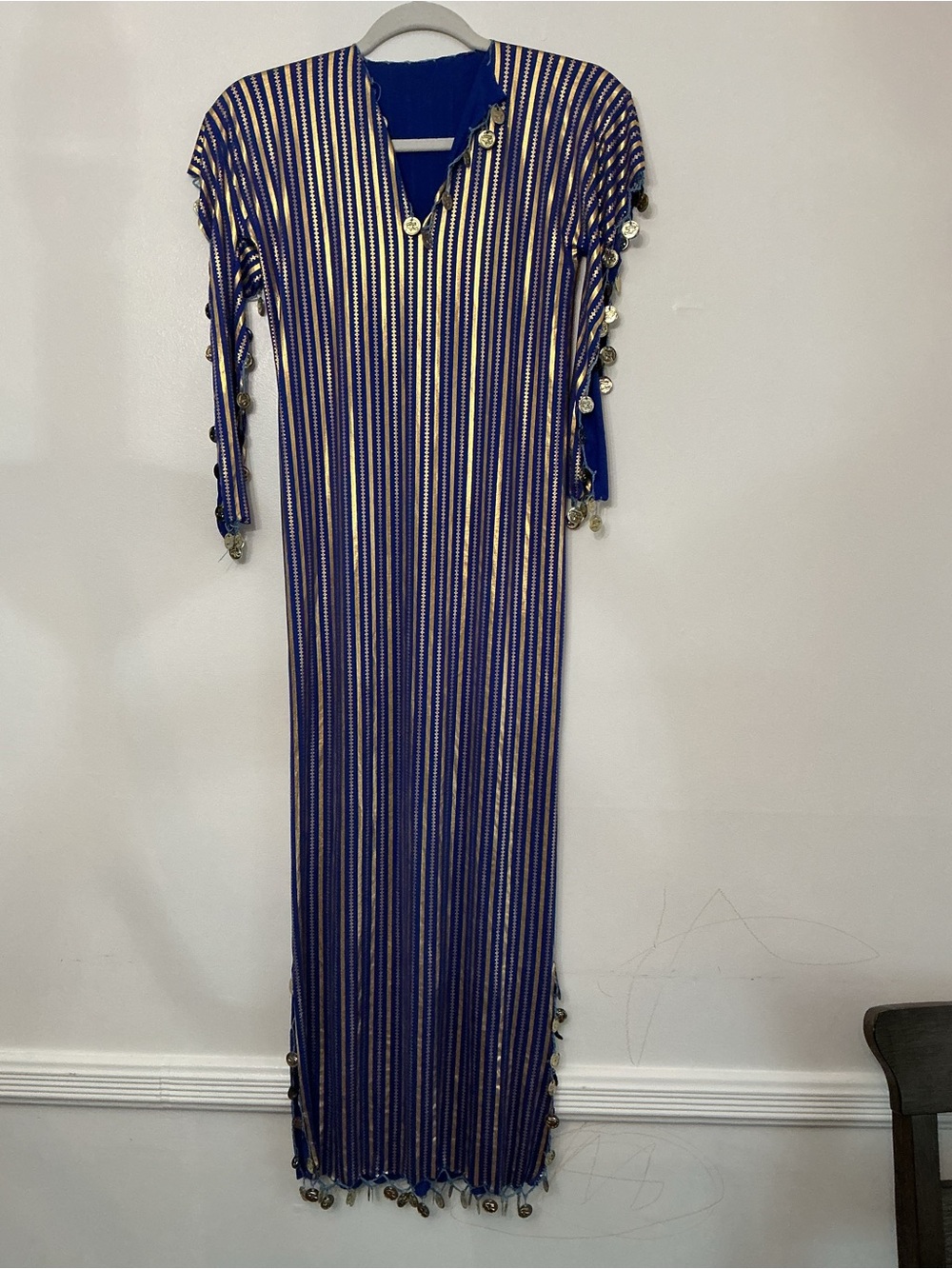 Blue Striped Maxi Dress with Metallic Coin Trim